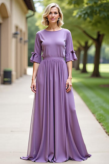 Tahiti A Line Flare Sleeve Pleated Long Chiffon Mother Of The Bride Dress